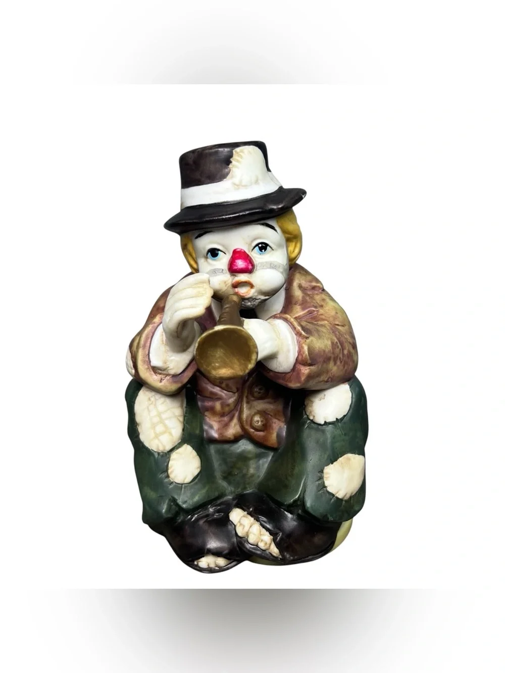 Vintage 1980 Sun Saint Ceramic Hobo Clown Music Box Wind Up Playing Trumpet Horn